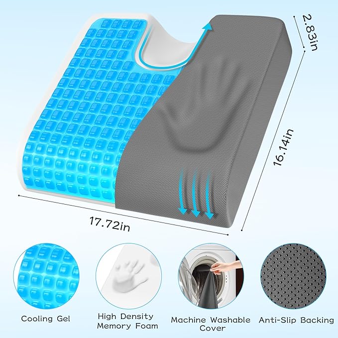 TranquilMoments Seat Cushion, Gel Wheelchair Seat Cushion，Ergonomic Chair Cushions for Office Chairs & Car, Relieve Sciatica, Back and Tailbone Pain, Removable Cover & Non - Slip Bottom, Grey