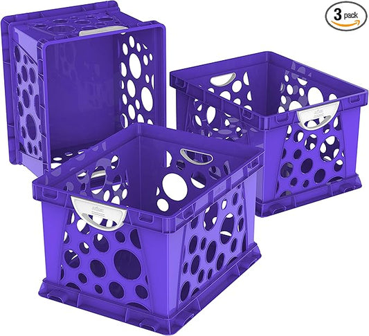 Storex Premium File Crate with Molded Handles – Letter and Legal Document and Folder Storage, Purple/White 3-Pack (61754C03C)