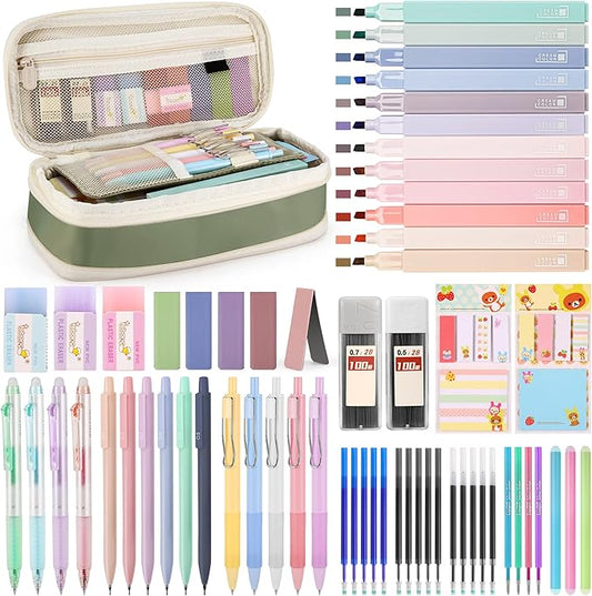 62PCS Aesthetic Stationery Set with Pencil Case, No Bleed Highlighters, Gel & Erasable Pens, Mechanical Pencils, Refills, Cute Supplies for Note Taking, Journaling & Bible Study, Green