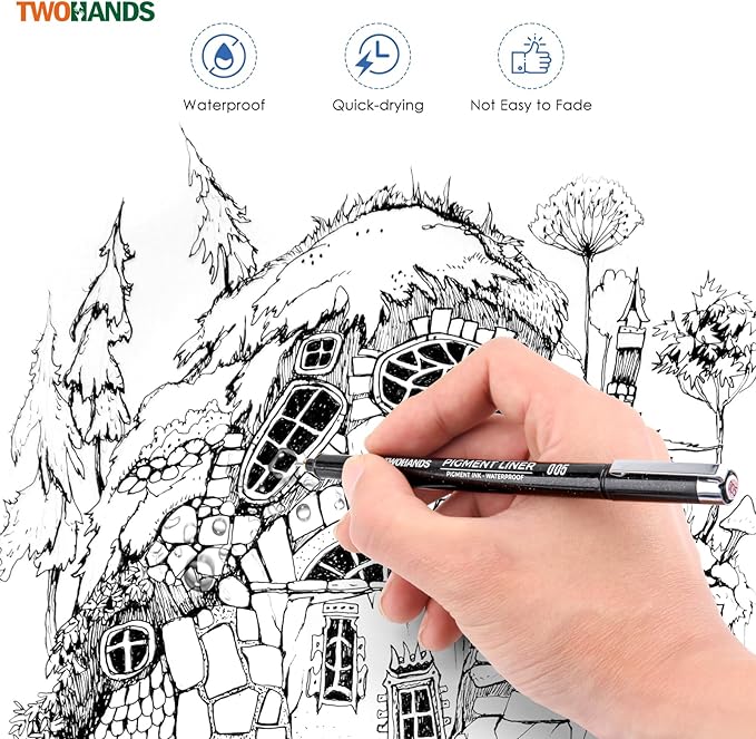 TWOHANDS Art Pen Drawing Marker Pens Fineliners Set of 16 Technical Drawing Marker,Pigment,Black,for Art Watercolor,Sketching,Anime,Manga, 21274