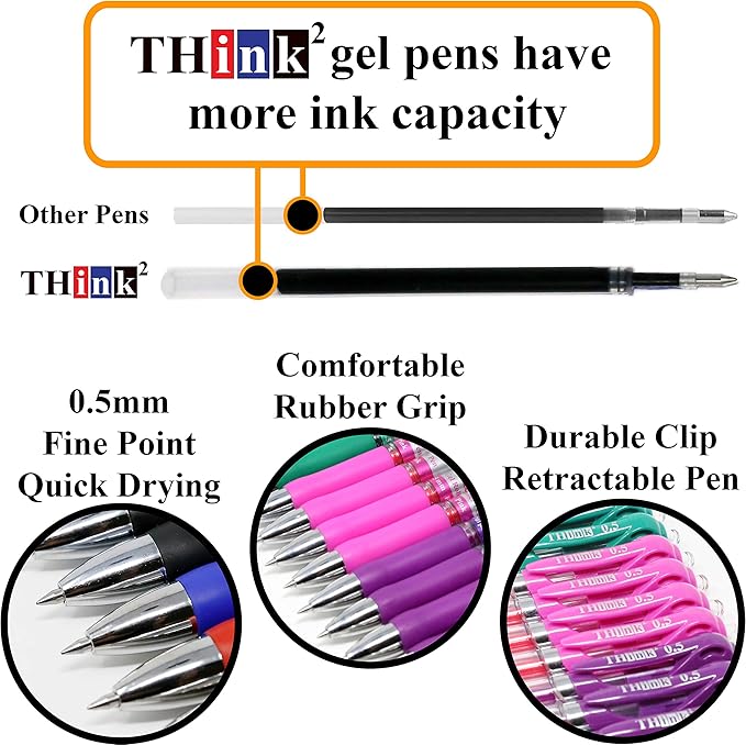 [24 Pens - 4Black, 4Blue, 4 Red, 4 Green, 4 Pink, 4Purple Ink] Think2 Retractable Gel Pens. Assorted Colors Fine Point (0.5mm) Rollerball Pens with Comfort Grip.