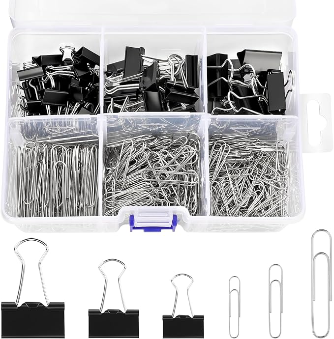 SANNIX 500Pcs Paper Clips and Binder Clips Assorted Sizes, Silver Paper Clips Black Binder Clips with Large Medium Small Size in Container for Office Home School Supplies Document Organizing