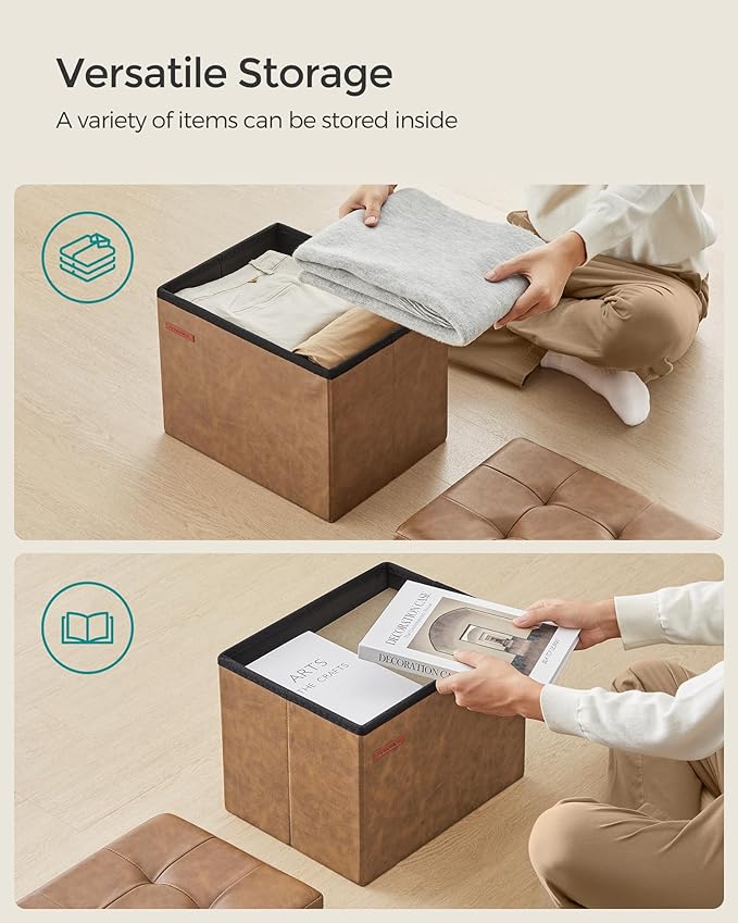 SONGMICS Small Folding Storage Ottoman, Foot Rest Stool, Cube Footrest, Synthetic Leather, 12.2 x 16.1 x 12.2 Inches, 286 lb Capacity, for Living Room, Bedroom, Dorm, Coffee Brown ULSF100K01