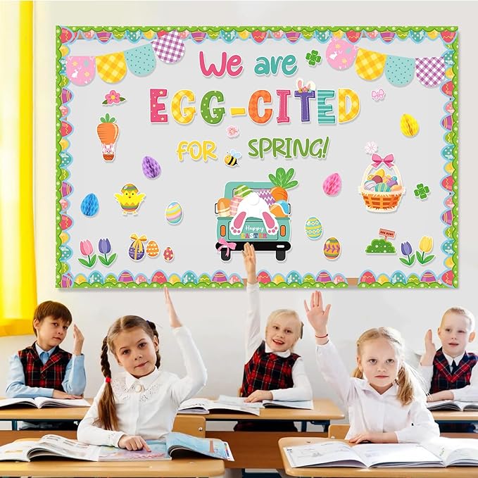 Konsait 67Pcs Easter Bulletin Board Decorations Set, Spring Flowers Borders 3D Eggs Cutouts for School Home Office, Easter Decorations