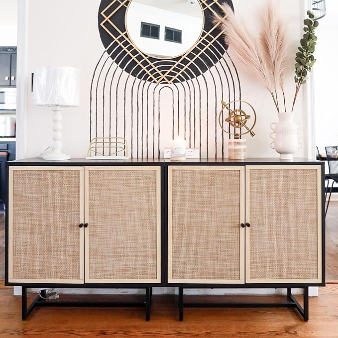 Nathan James Kova Rattan Wood Accent Sideboard Storage Cabinet TV Stand with Matte Metal Frame, Adjustable Shelves and Cane Doors, for Hallway, Entryway or Living Room, Black Oak/Cane, Set of 2