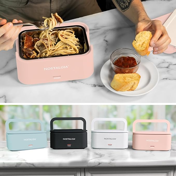 Nostalgia Portable Heated Lunch Box – 4-Cup Stainless Steel Food Warmer – Detachable Cord, Leak-Proof Lid, Carry Handle – Portable for Work & Travel – Cherry Blossom