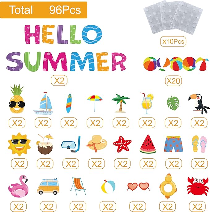 96Pcs Summer Cutouts Bulletin Board Decorations Set - Pool Beach Hawaiian Theme Cut Outs Ball Bulletin Board Border Decorations for Office School Classroom Teacher Supplies