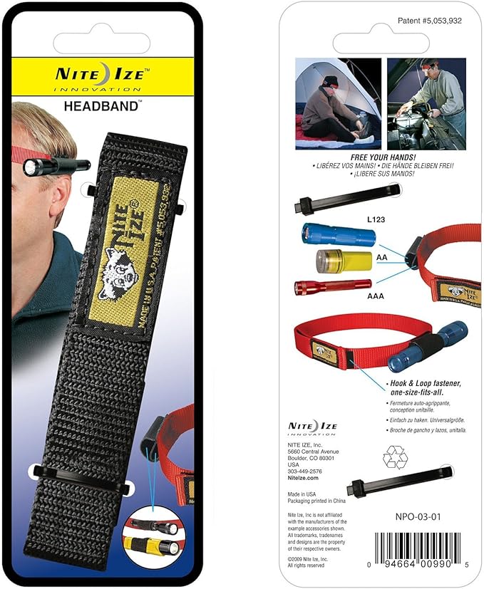 Nite Ize Headband Flashlight Holder, Fits Most Small Flashlights For Hands-Free Use, Black (NPO-03-01)