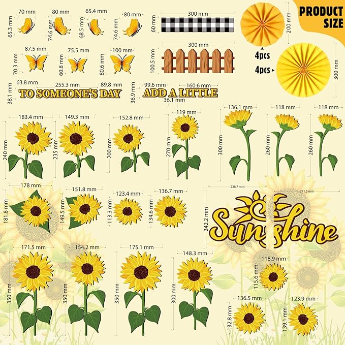 Janlaugh 72 Pcs Sunflower Bulletin Board Decorations with Paper Fans Summer Butterflies Flowers Classroom Bulletin Board Set Sunflower Cutouts for Classroom Office Window Wall Back to School Decor