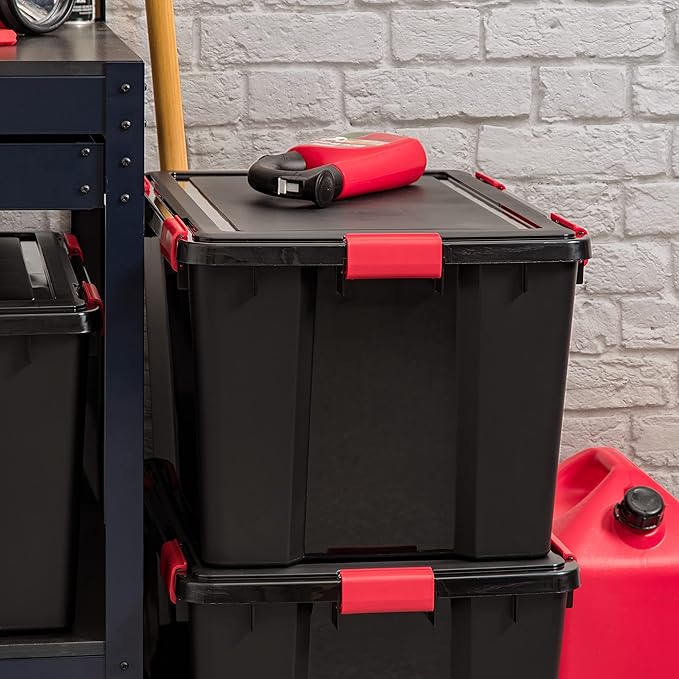 IRIS USA WeatherPro 74 Qt Storage Bins with Lids, 3 Pack, BPA-Free Plastic Gasket Box with Tight Latch and Seal, Stackable Nestable Tote Tub - Black/Red