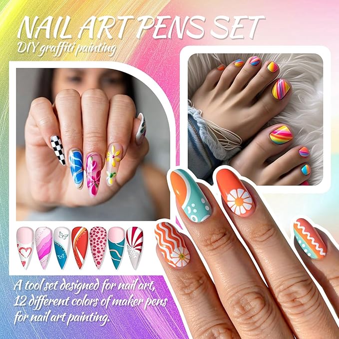 Nail Art Pen Set, 6 Colors, Water-Based Quick Dry Art Pens, 0.7mm Fine Point, Professional Manicure Drawing Tools for DIY Design