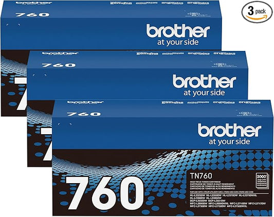 Brother Genuine TN760 High Yield Black Toner Cartridge, (for use with MFC-L2710DW MFC-L2750DW -L2350DW HL-L2370DW -L2395DW HL-L2390DW DCP-L2550DW Printers) (Pack of 3)