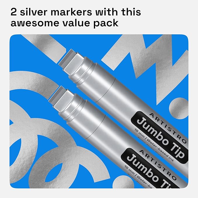 ARTISTRO 2 Silver Acrylic Paint Markers - 15mm Jumbo-Tip Paint Pens - Perfect for Crafting, Art Projects, & More
