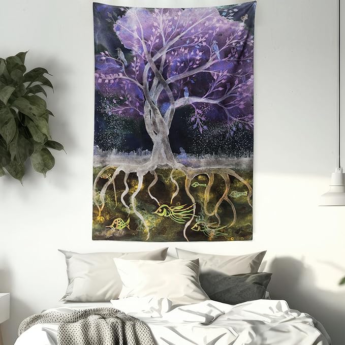 Ambesonne Tree of Life Tapestry, Psychedelic Mysterious Nature at Night Birds and Fishes Home Art, Fabric Wall Hanging Decor for Bedroom Living Room Dorm, 23" X 28", Purple Black