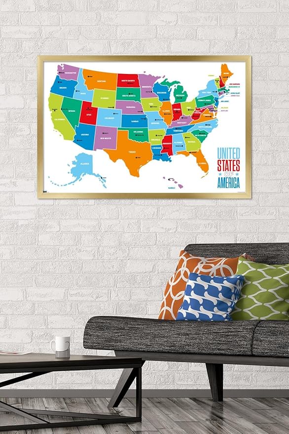 Trends International Map - United States Of America 2022 Wall Poster, 22.375" x 34", Gold Framed Version