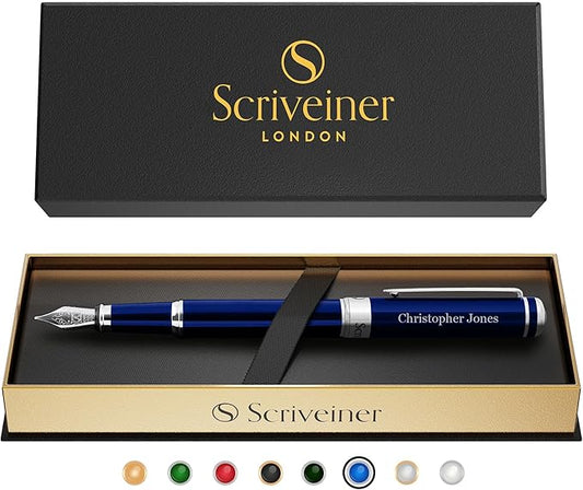 Scriveiner Personalized Midnight Blue Fountain Pen - Stunning Blue Lacquer Luxury Pen, Chrome Finish, German Schmidt Nib (Medium), Best Engraved Pen Gift Set for Men & Women, Name Engraving