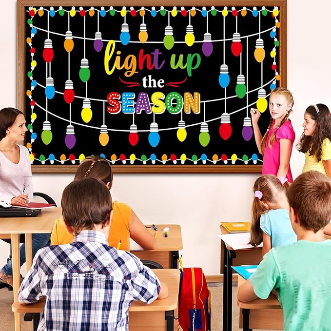 Christmas Bulletin Board Decorations Light Up The Season Classroom Paper Cutouts Christmas Light Bulb Inspirational Decor for Holiday Sunday School Classroom Chalkboard Wall Decor Teacher Supplies