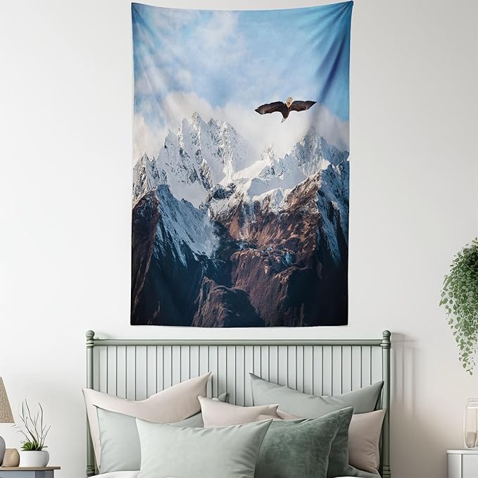 Ambesonne Mountain Tapestry Queen Size, Frozen Peaks Tops of the Mountain with a Flying Eagle Free in Nature Photo, Wall Hanging Bedspread Bed Cover Wall Decor, 88" X 88", Brown White Blue