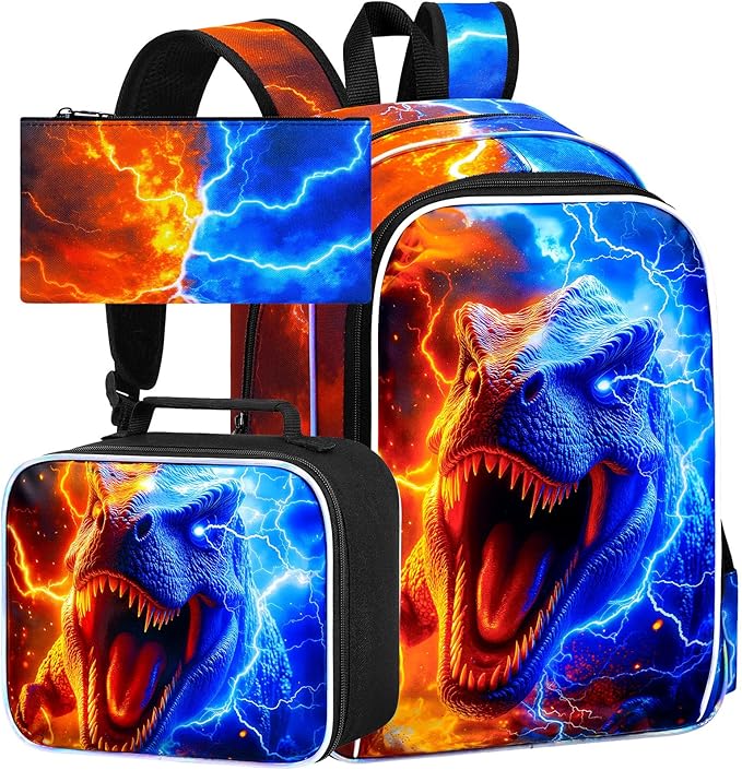 gxtvo 3PCS Dinosaur Bookbag for Boys, 17" Kids Backpack with Lunch Box, Water Resistant Middle Elementary School Bag - Fire & Lightning T. rex