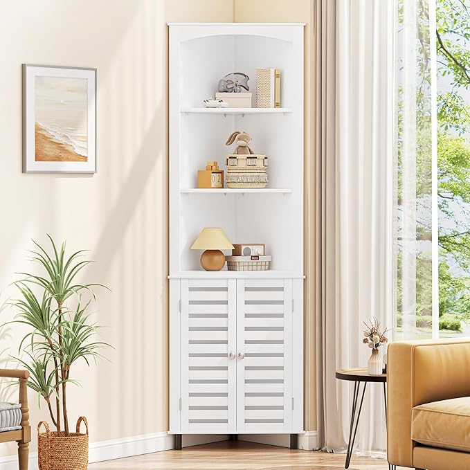 VECELO Tall Corner Cabinet, 68.8'' Storage Cabinet with Doors and Adjustable Shelves, for Living Room, Bathroom, Kitchen, White