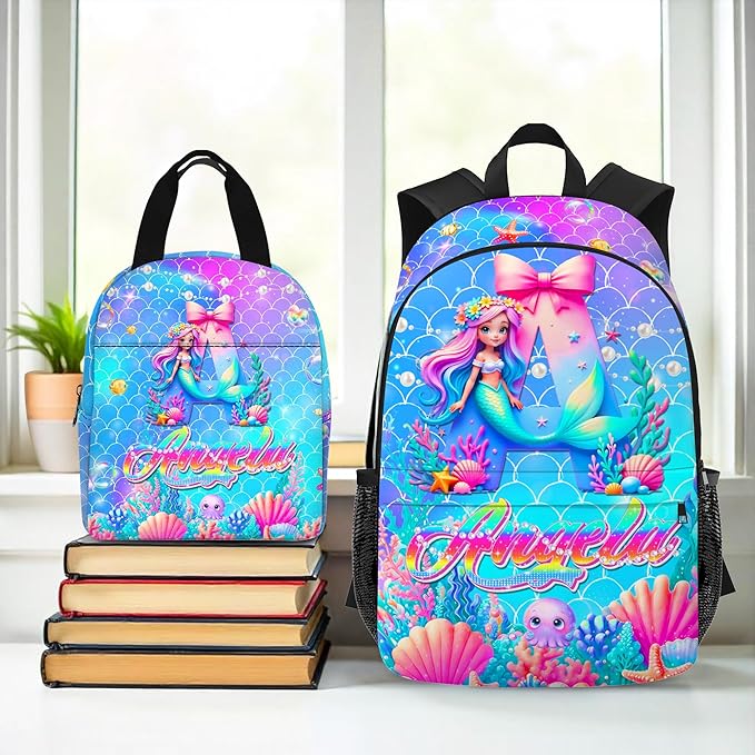 Custom Kids Backpack with Lunch Box Personalized Name Bookbag for Girls Back to School Mermaid Backpacks for Elementary Middle School Boys