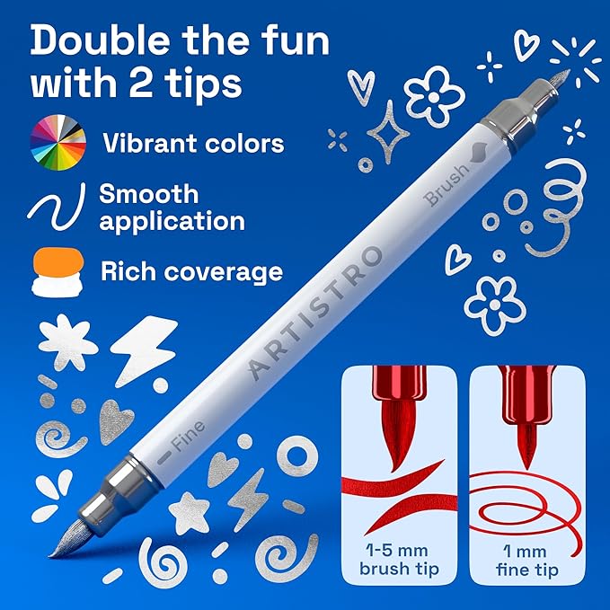 ARTISTRO 24 Metallic Acrylic Paint Markers - Paint Pens for Calligraphy, Brush + Fine Tips - Vision Board Supplies - Kit for Scrapbooking and Journaling - Art Supplies for Adults, Teens, Kids
