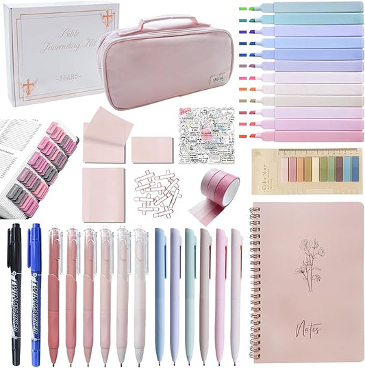 J6&H6 Complete Bible Study Supplies Journaling Kit with Tabs, Highlighter and Color Pens,Multi Functional Pencil case.Study Group Essentials Accessories Set for Women, Beginner Christian Gifts(Pink)