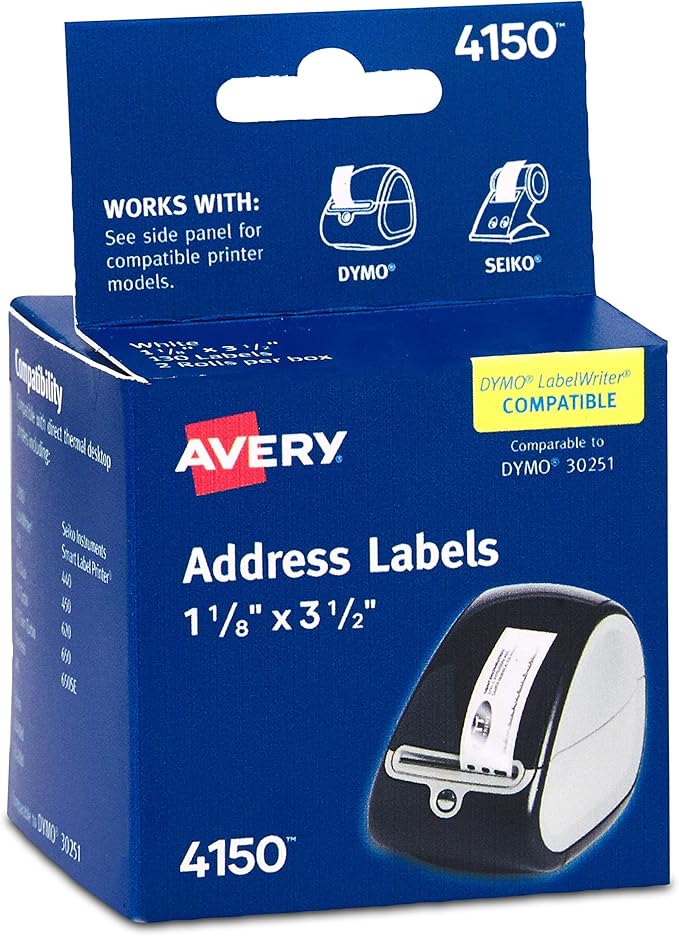 Avery Direct Thermal Address Labels, 1-1/8" x 3-1/2", White, Comparable to DYMO 30251, 130 Blank Labels per Roll, 2 Rolls, 260 Total (4150)