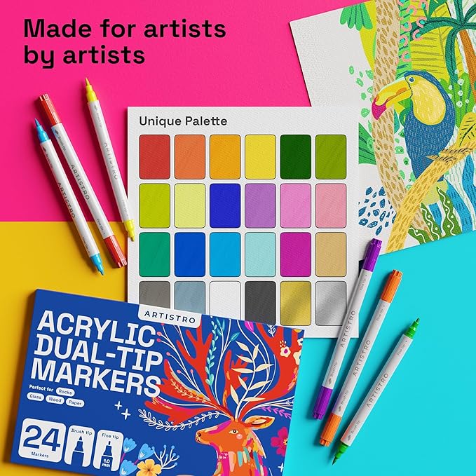 ARTISTRO 12 Acrylic Paint Markers - Paint Pens for Calligraphy, Brush + Fine Tips - For Fabric, Rock, Glass, Wood, DIY, Craft, Canvas - Art and Craft Supplies for Adults, Teens, Kids