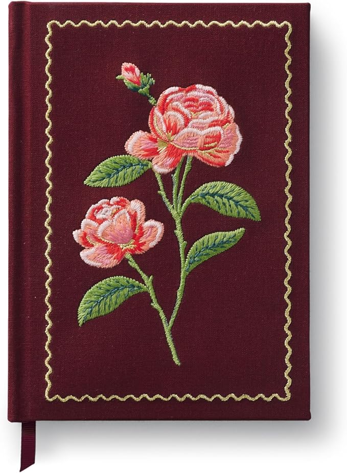 RIFLE PAPER CO. Roses Embroidered Journal | 240 Ruled Pages, Cloth Cover with Floral Embroidery & Grosgrain Ribbon Bookmark, Lay-Flat Binding, 8" L x 5.75" W