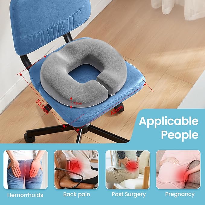 Benazcap Donut Pillow Seat Cushion, Donut Chair Cushions for Postpartum Pregnancy & Hemorrhoids, Memory Foam Seat Chair Cushion for Sciatica & Hip & Coccyx Pain Relief-Grey