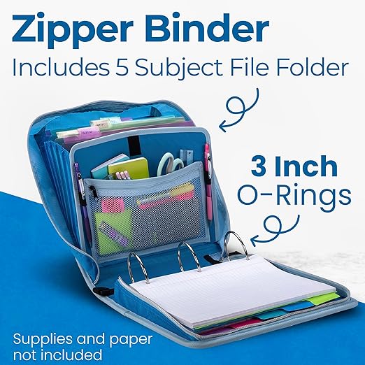 Case-it Mighty Zip Tab School Zipper Binder | 3-Inch O-Rings, 600-Sheet Capacity, 5-Subject Expanding File Folder, Multiple Pockets & Storage Organizer, Shoulder Strap | D-146 Watercolor Sky