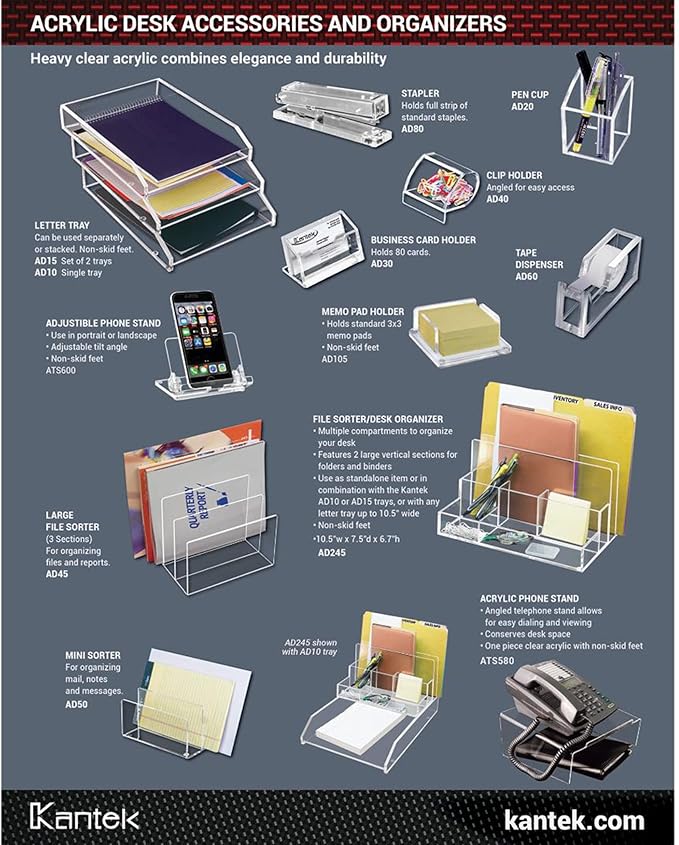 Kantek Clear Acrylic Mini File Sorter, 2 Section File Holder, 6" x 3.8" x 3.9", Desk Organizer, Non-Skid Feet, Desk Accessory