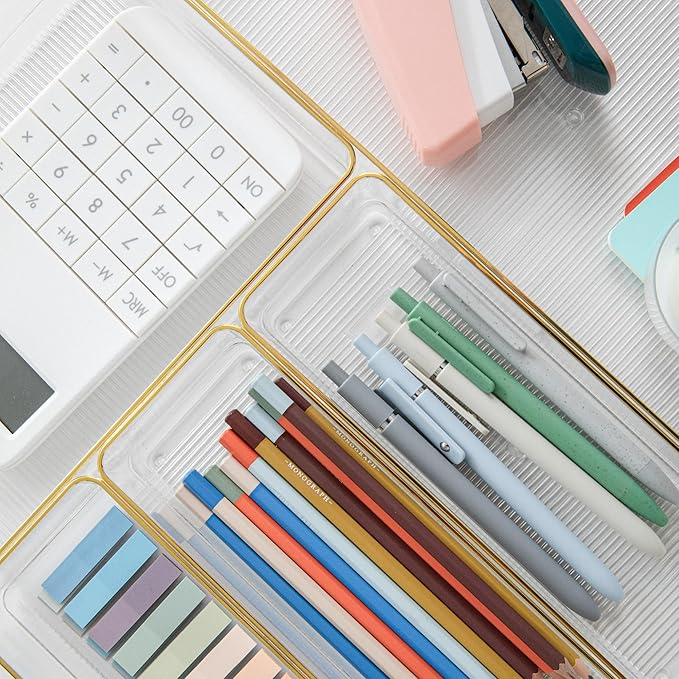 Martha Stewart Kerry Plastic Stackable Office Desk Drawer Organizers, Set of 5, with Gold Trim