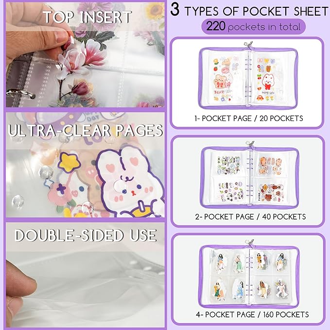 5-in-1 Sticker Organizer Book Reusable A5 Storage Binder with 220 Pockets,10 Release Papers, Zipper Album Sticker Collecting Display Keeper (Purple)