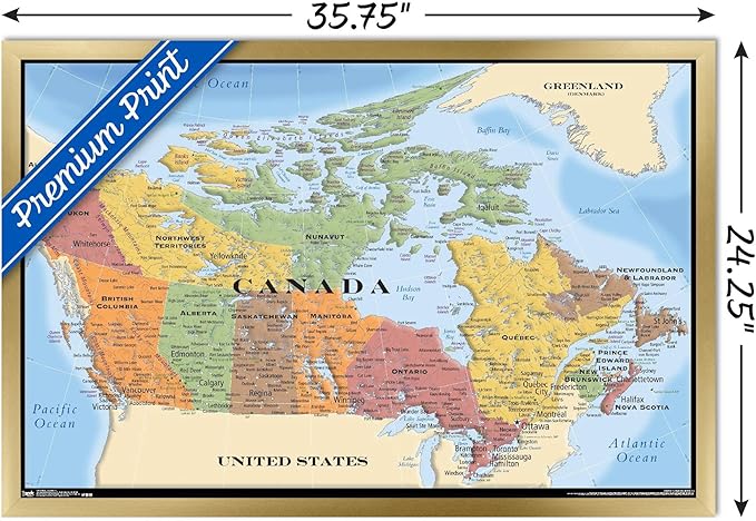Map - Canada Wall Poster, 34L" x 22.4W", Gold Framed Version
