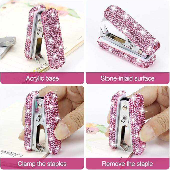 Multibey Arylic Staples Remover, Rhinestone Handmade Crystal Staple Removal Tool Staple Puller Metal Jaws Stationery, Dazzling Bling Office Desk Accessory for Office School and Home (Shiny Pink)