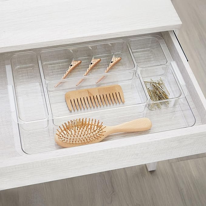 iDesign Makeup Drawer Organizer-Storage Cosmetics or Jewelry, Set of 2, Clear Luci Divided Expandable Tray-Large M2