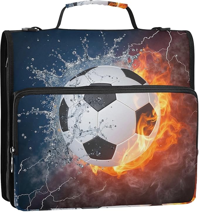 Water Fire Soccer Zipper Binder Bag 3 Ring Binder with Shoulder Strap Zip Up 500 Sheets Capacity Multi Pockets for School Office Supplies