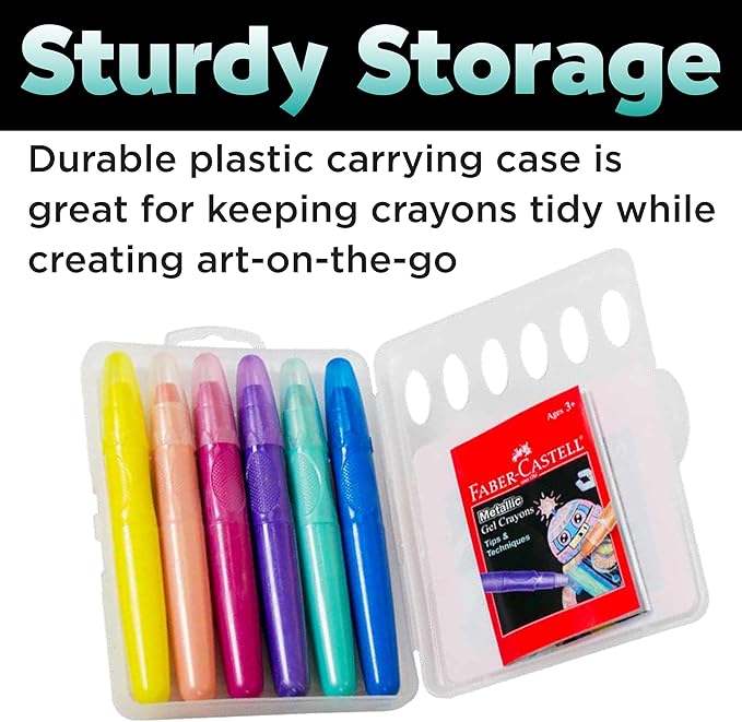 Faber-Castell Metallic Gel Crayons: 6 Vibrant Gel Crayons in Durable Storage Case: Twistable Art Supplies for Toddler Coloring, Kids Drawing and Arts and Crafts for Ages 3-4+