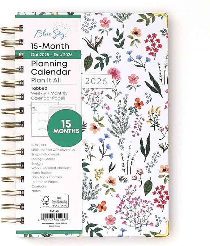 Blue Sky 15 Month 2026 Weekly and Monthly Planner Calendar, October 2025 - December 2026, 5" x 8", Hard Cover, Durable Twin Wire Binding, Laminated Tabs, Storage Pocket, Includes Ruler, Sticky Notes & Stickers, Londonberry