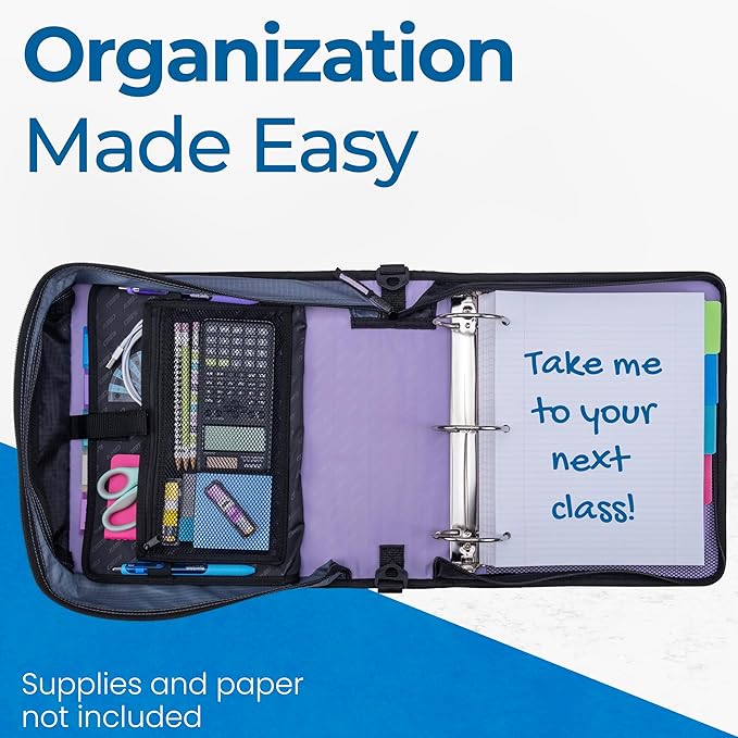Case-it Mighty Zip Tab School Zipper Binder | 3-Inch O-Rings, 600-Sheet Capacity, 5-Subject Expanding File Folder, Multiple Pockets & Storage Organizer, Shoulder Strap | D-146 Lavender