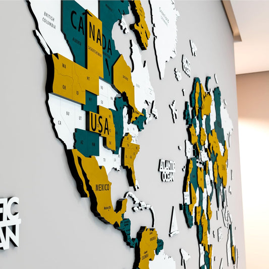 Colorfull Worlds 3D Wooden World Map Wall Art | Unique Wall Decor with Pins for Travel Enthusiasts | Home and Office Wall Décor | Gold-Blue | Large