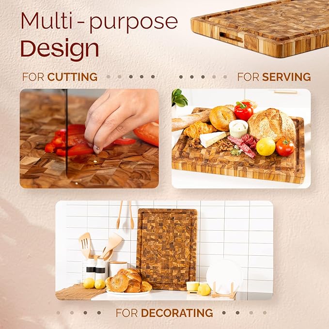 Yes4All Medium End Grain Teak Cutting Board for Kitchen, 17''L x 13''W x 1.5” Thick, Durable Wood with Juice Grooves, Pre-Oiled, Easy Grip Handles, Essential Kitchen Utensils Set