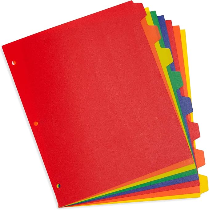 Blue Summit Supplies 24 Pack 8 Tab Plastic Dividers, Heavy Duty Plastic Dividers for 3 Ring Binder with 3 Hole Punch for Notebooks and Binders, Assorted Colors, Letter Size