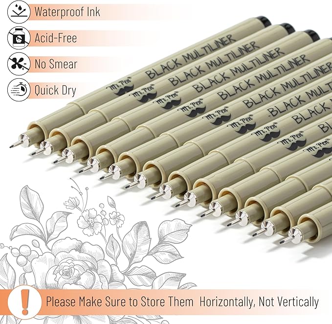 Mr. Pen- Drawing Pens for Artists, 0.3mm, 12 Pack, Black Ink, Micro Fine Point, Fineliner for Sketching Bulk, Bible Journaling