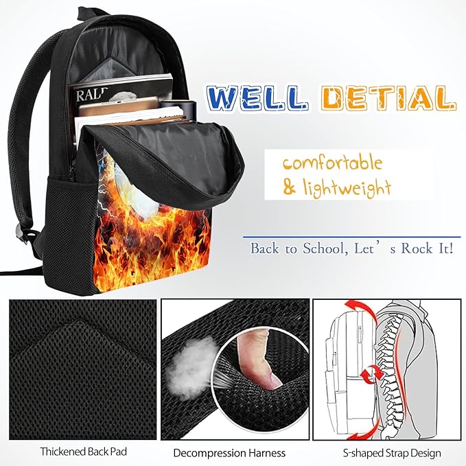3PCS Soccer Backpack Set for Boys, Lightweight Large Backpack with Lunch Box & Pencil Case, Cool Sport Bookbag for Kids, Back to School Backpacks for Elementary & Middle School - 01