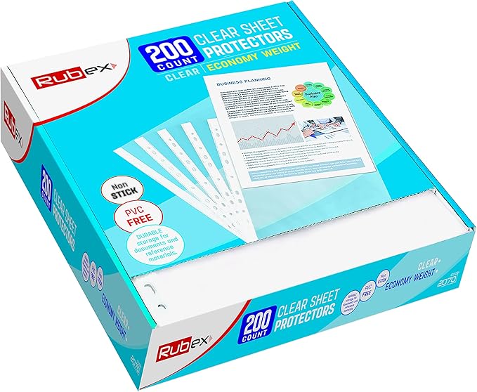 Rubex Sheet Protectors 8.5 x 11 inch Clear Page Protectors Plastic Sleeves Reinforced 11 Hole fit for 3 Ring Binder Top Loading 9.25 x 11.25 inch (200 Sheets)