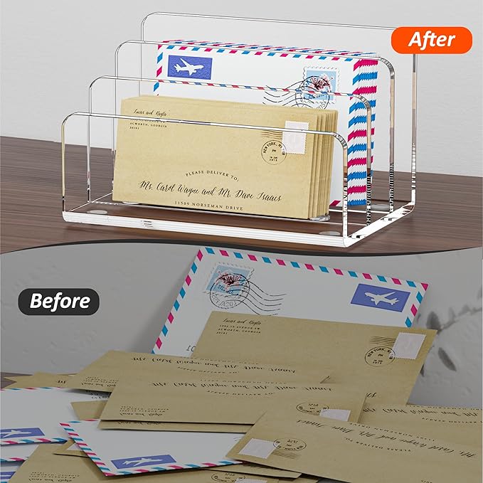 Desk Mail Organizer, 3 Section Clear Acrylic File Holder Letter Organizer, Vertical Lightweight Modern Envelope Holder Desk Accessories & Workspace Organizers for Office, Home, School