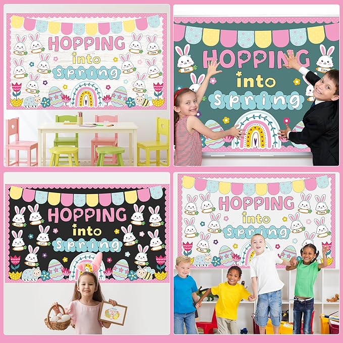 Easter Bunny Bulletin Board Set Hopping Into Spring Classroom Decor Easter Egg Flowers Rainbow Writable Rabbit Cutouts April Bulletin Board for Back to School Party Home Office Chalkboard Wall Decor